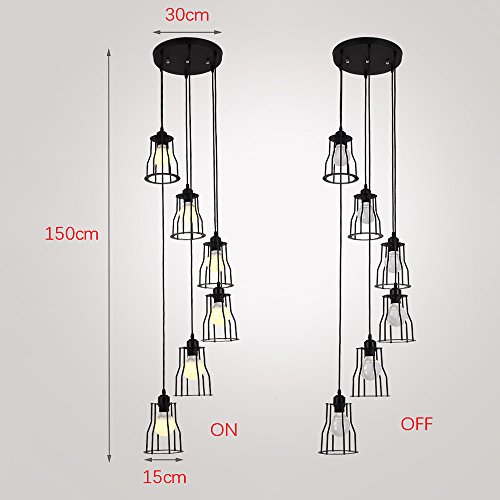 6 luces araña retro LED E27, 30 * 150cm, escalera lámpara industrial colgante de luz negro, Duplex lámpara escalera de caracol piso para sala de estar, hierro forjado sombra, bombillas incluye