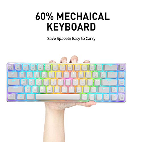 60% Teclado mecánico para Juegos Switch Azul iluminación RGB Ergonómica Mini 68 Teclas + Ratón Ligero Gaming RGB 6400DPI + Alfombrilla de ratón - Blanco