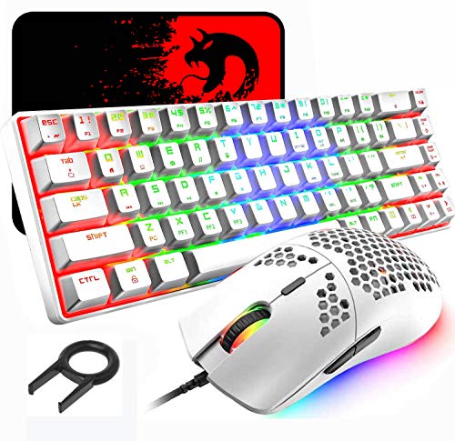 60% Teclado mecánico para Juegos Switch Azul iluminación RGB Ergonómica Mini 68 Teclas + Ratón Ligero Gaming RGB 6400DPI + Alfombrilla de ratón - Blanco