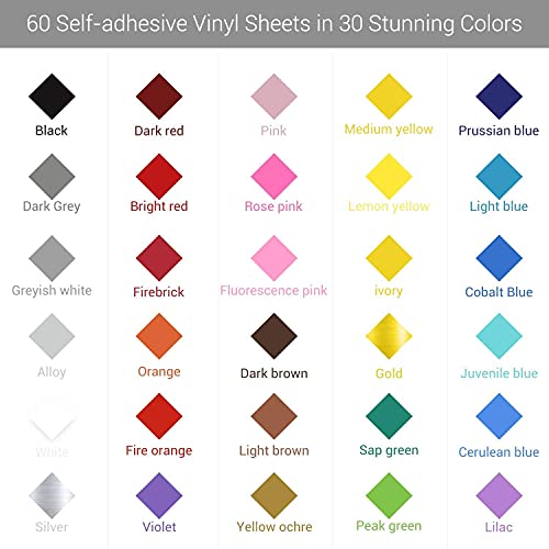 70 Láminas de vinilo Ohuhu, con respaldo adhesivo permanente, 60 láminas de vinilo 12" x 12" 10 láminas, 30 colores surtidos para máquinas de corte, siluetas.