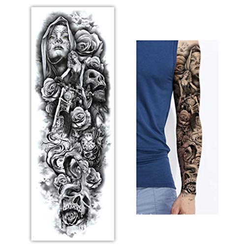 8 Hojas Full Brazo Tatuajes Temporales, Feelairy Grandes Tatuajes Falso Brazo Completo Negro, Tatuaje Temporal Adultos Tatuaje Cuerpo Pegatinas Animales para Hombres Mujeres, Calavera, León, Tigre