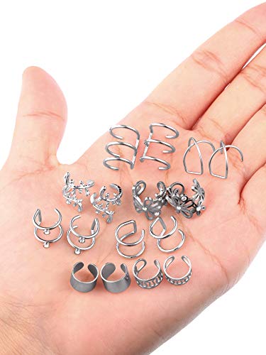 8 Pares de Puño de Oreja de Acero Inoxidable Clip sin Perforación Pendientes de Cartílago para Hombres y Mujeres, 8 Estilos Variados (Acero)