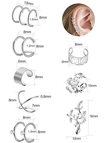 8 Pares de Puño de Oreja de Acero Inoxidable Clip sin Perforación Pendientes de Cartílago para Hombres y Mujeres, 8 Estilos Variados (Acero)