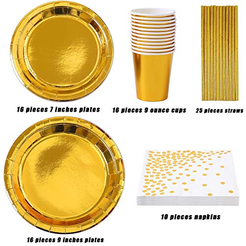 83 Piezas Vajilla De Papel Cumpleaños Dorada,Cubiertos Desechables Oro,Servilletas y Pajitas De Papel Dorado Para Fiestas, Bodas, Aniversarios, Cumpleaños (16 Invitados)