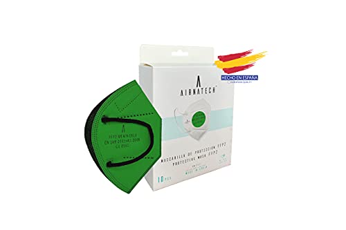 A AIRNATECH Mascarillas FFP2 Verde pack de 10 unidades. Marcado CE0161 Homologadas - Normativa EN149: 2001+A1: 2009 - 5 Capas de 95% Filtración - Mascarilla ffp2 protección respiratoria