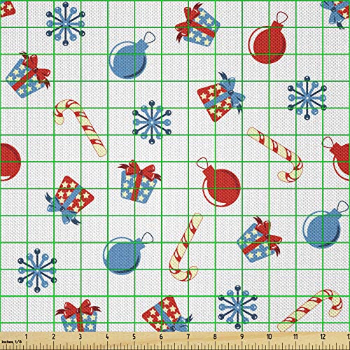 ABAKUHAUS Navidad Tela por Metro, Presenta Noels Iconos, Satén para Textiles del Hogar y Manualidades, 2M (148x200cm), Scarlet Azul Beige