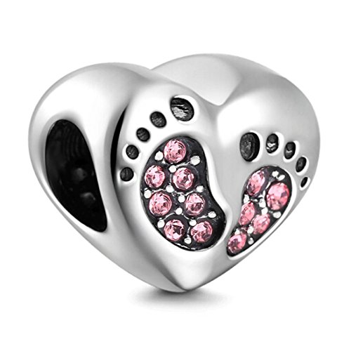 Abalorio de plata de ley 925 con forma de corazón y pie de bebé, diseño de corazón, para pulsera Pandora (rosa)