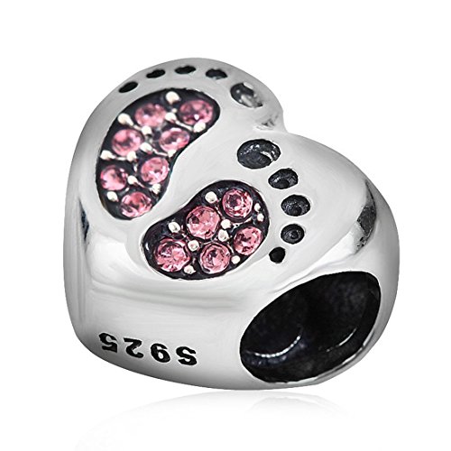 Abalorio de plata de ley 925 con forma de corazón y pie de bebé, diseño de corazón, para pulsera Pandora (rosa)