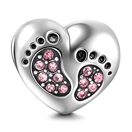 Abalorio de plata de ley 925 con forma de corazón y pie de bebé, diseño de corazón, para pulsera Pandora (rosa)