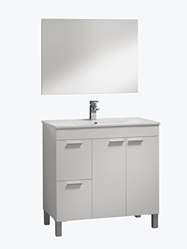 Abitti Mueble Lavabo de baño o Aseo con lavamanos de PMMA y un fantástico Espejo a Juego, Dos Puertas y Dos cajones Color Blanco Brillo 80x80x45cm