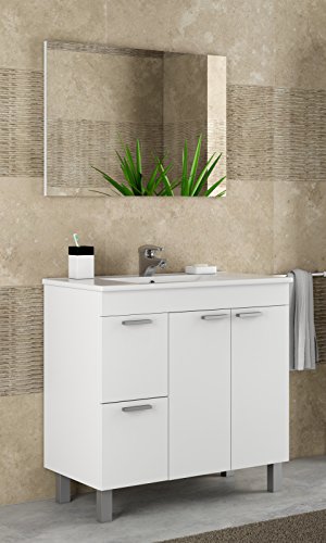 Abitti Mueble Lavabo de baño o Aseo con lavamanos de PMMA y un fantástico Espejo a Juego, Dos Puertas y Dos cajones Color Blanco Brillo 80x80x45cm