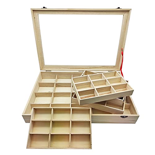 Acan Caja de Madera, 56 Compartimentos en 2 Niveles, Tapa con Cristal 7,8 x 44,8 x 29,8 cm, 4 bandejas Removibles, Expositor Joyas, Organizador, joyero, Collares, brazaletes, Pendientes, Relojes