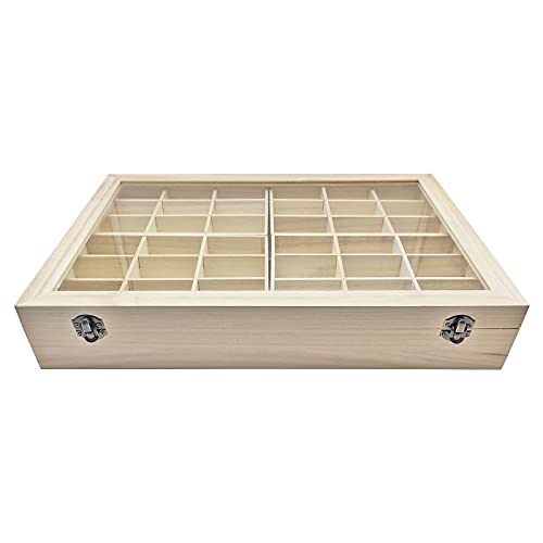 Acan Caja de Madera, 56 Compartimentos en 2 Niveles, Tapa con Cristal 7,8 x 44,8 x 29,8 cm, 4 bandejas Removibles, Expositor Joyas, Organizador, joyero, Collares, brazaletes, Pendientes, Relojes