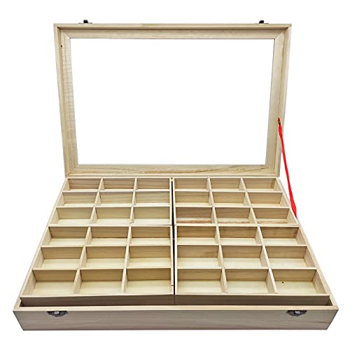 Acan Caja de Madera, 56 Compartimentos en 2 Niveles, Tapa con Cristal 7,8 x 44,8 x 29,8 cm, 4 bandejas Removibles, Expositor Joyas, Organizador, joyero, Collares, brazaletes, Pendientes, Relojes