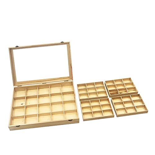 Acan Caja de Madera, 56 Compartimentos en 2 Niveles, Tapa con Cristal 7,8 x 44,8 x 29,8 cm, 4 bandejas Removibles, Expositor Joyas, Organizador, joyero, Collares, brazaletes, Pendientes, Relojes