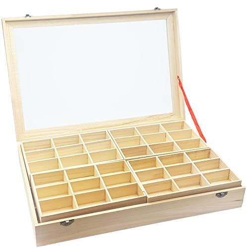 Acan Caja de Madera, 56 Compartimentos en 2 Niveles, Tapa con Cristal 7,8 x 44,8 x 29,8 cm, 4 bandejas Removibles, Expositor Joyas, Organizador, joyero, Collares, brazaletes, Pendientes, Relojes