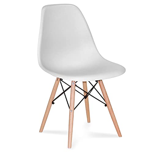 Acan Silla con Patas de Madera y Asiento de plástico Blanco 81 x 45 x 46 cm, Estilo nórdico, Silla de Interior, diseño escandinavo, Ideal para Comedor, Estudio, Sala de Estar, Cocina, Dormitorio