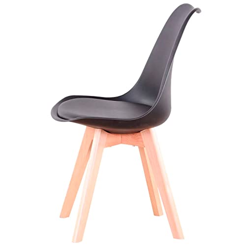 Acan Silla de plástico con cojín y Patas de Madera, Estilo nórdico, Silla de Interior, diseño escandinavo, Color Negro, 81 x 46 x 53 cm, Ideal para Comedor, Estudio, salón, Cocina, Dormitorio