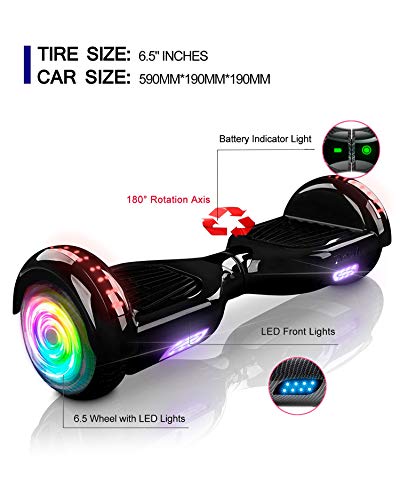 ACBK - Hoverboard Patinete Eléctrico Autoequilibrio con Ruedas de 6.5" (Altavoces Bluetooth + Ruedas Led integradas + Bolsa Transporte) Velocidad máxima: 10-12 km/h - Autonomía 10-12 km (Negro)