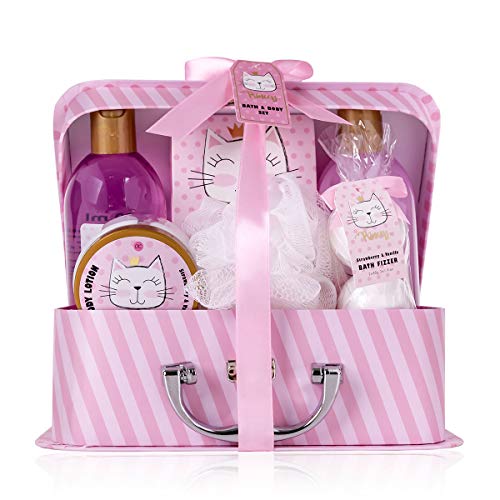 Accentra Set De Baño Y Ducha Princess Kitty Para Mujeres Y Niñas, Con Dulce Aroma A Fresa Y Vainilla, 7 Piezas En Estuche De Papel, Rosa