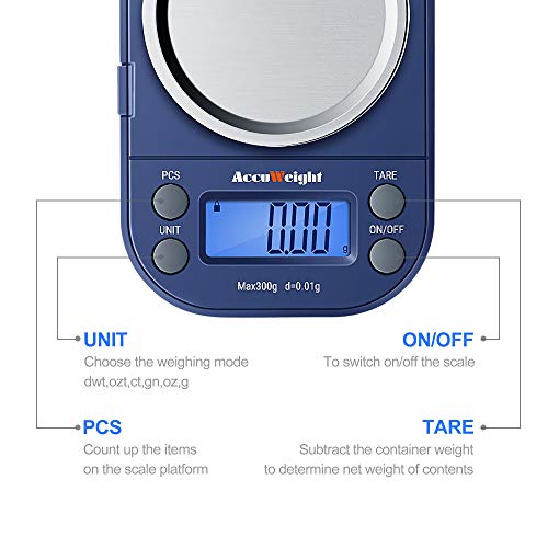 ACCUWEIGHT 255 Mini Báscula de Precisión Digitale para Joyería 300g x 0,01g Balanza de Portátiles Multifuncional con Pantalla LCD Retroiluminada, 6 Unidades, Función de Tara y Conteo (PCS)