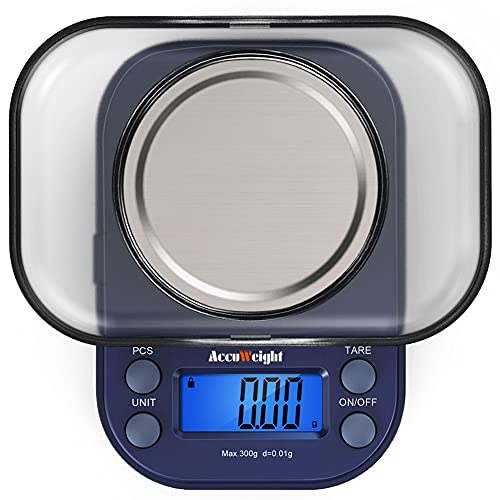 ACCUWEIGHT 255 Mini Báscula de Precisión Digitale para Joyería 300g x 0,01g Balanza de Portátiles Multifuncional con Pantalla LCD Retroiluminada, 6 Unidades, Función de Tara y Conteo (PCS)