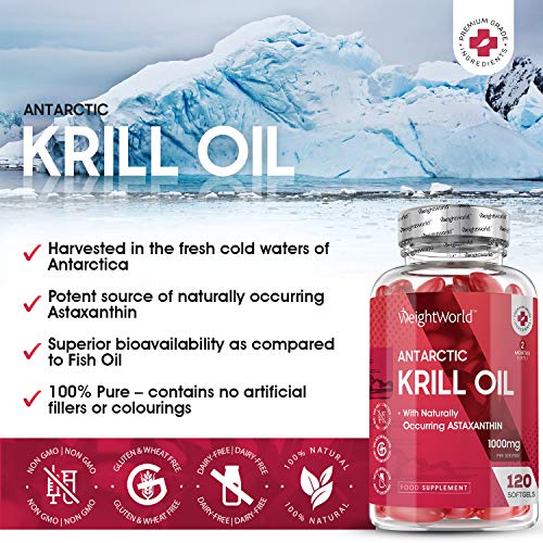 Aceite de Krill Antártico 1000 mg 120 Cápsulas - Potente Fuente de Ácidos Grasos Omega 3, EPA y DHA y de Astaxantina Natural, Perlas de Aceite de Krill, Fosfolípidos de Omega 3 de Alta Absorción