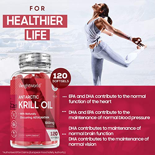 Aceite de Krill Antártico 1000 mg 120 Cápsulas - Potente Fuente de Ácidos Grasos Omega 3, EPA y DHA y de Astaxantina Natural, Perlas de Aceite de Krill, Fosfolípidos de Omega 3 de Alta Absorción