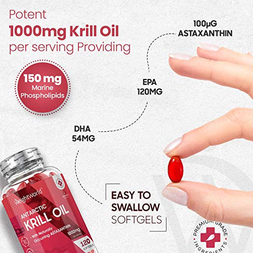 Aceite de Krill Antártico 1000 mg 120 Cápsulas - Potente Fuente de Ácidos Grasos Omega 3, EPA y DHA y de Astaxantina Natural, Perlas de Aceite de Krill, Fosfolípidos de Omega 3 de Alta Absorción