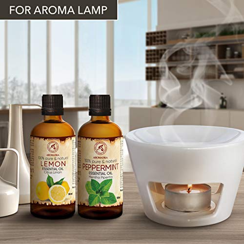 Aceite Esenciale Limón 100ml y Aceite Esenciale Menta 100ml - Citrus Limon & Mentha Piperita - Aroma a Menta - Aceites de Aromaterapia para Difusor - Aromalamp - Buen Humor - Aroma Fresco