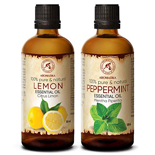 Aceite Esenciale Limón 100ml y Aceite Esenciale Menta 100ml - Citrus Limon & Mentha Piperita - Aroma a Menta - Aceites de Aromaterapia para Difusor - Aromalamp - Buen Humor - Aroma Fresco