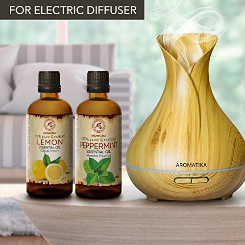 Aceite Esenciale Limón 100ml y Aceite Esenciale Menta 100ml - Citrus Limon & Mentha Piperita - Aroma a Menta - Aceites de Aromaterapia para Difusor - Aromalamp - Buen Humor - Aroma Fresco