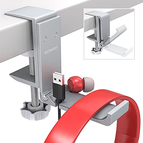 aceyoon Soporte Auriculares Ajustable Soporte Cascos Aluminio Gancho Universal Headset Stand Silicona Plegable Headphone Hanger para Auriculares Bluetooth, Auriculares Gaming, Sony, Bose (Plata)