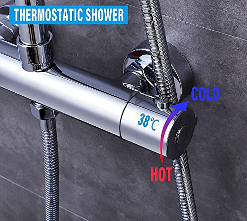 Acezanble Columna Ducha Termostatico,Grifo Ducha Para Baños, 38°C de Temperatura Constante Set de Ducha con 8'' Ducha de Lluvia y 3 Funciones Ducha de Mano, Barra Altura Ajustable.