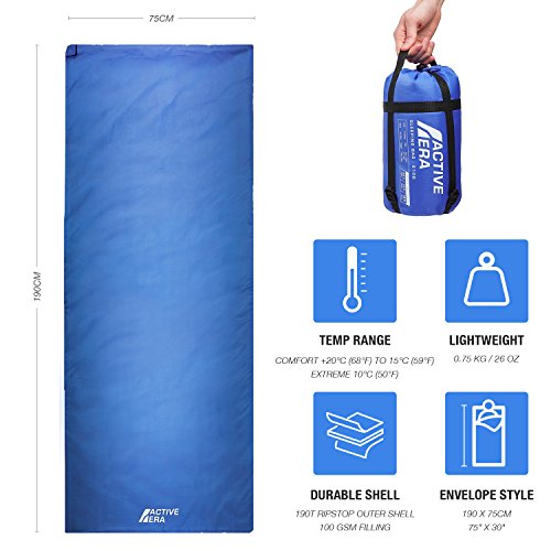 Active Era Saco de Dormir Ultraligero Resistente al Desgarro y al Agua. con Bolsa de Compresión Clima Cálido, Fiesta de Pijamas, Camping al Aire Libre y Excursión en los Meses de Verano