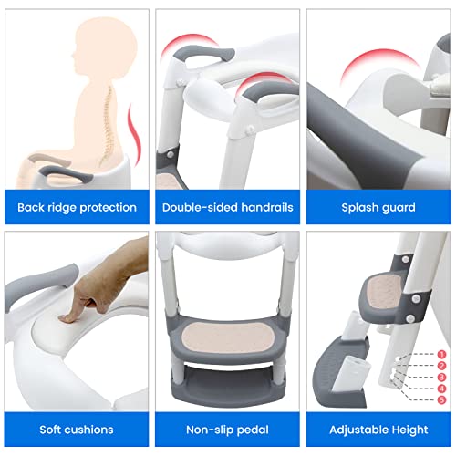 Adaptador WC Niños con Escalera: Bebe Plegable Portatil Infantil Asiento Inodoro con Escalón Ancho Antideslizante-Bebés Orinales Asientopara 1-10 Niños con Escalera Reductor & Cojín Suave | Blanco