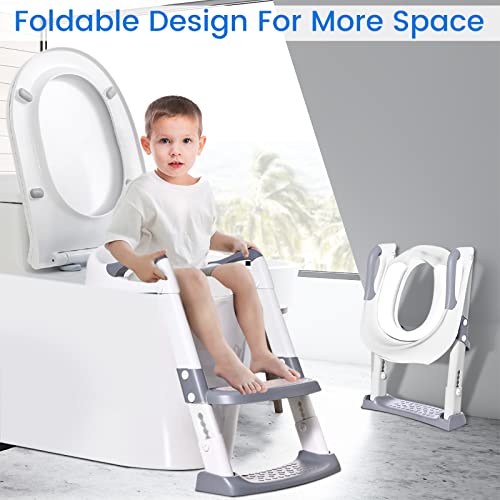 Adaptador WC Niños con Escalera: Bebe Plegable Portatil Infantil Asiento Inodoro con Escalón Ancho Antideslizante-Bebés Orinales Asientopara 1-10 Niños con Escalera Reductor & Cojín Suave | Blanco