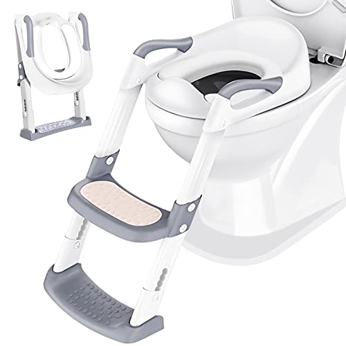 Adaptador WC Niños con Escalera: Bebe Plegable Portatil Infantil Asiento Inodoro con Escalón Ancho Antideslizante-Bebés Orinales Asientopara 1-10 Niños con Escalera Reductor & Cojín Suave | Blanco