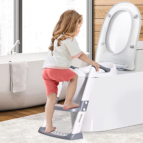 Adaptador WC Niños con Escalera: Bebe Plegable Portatil Infantil Asiento Inodoro con Escalón Ancho Antideslizante-Bebés Orinales Asientopara 1-10 Niños con Escalera Reductor & Cojín Suave | Blanco