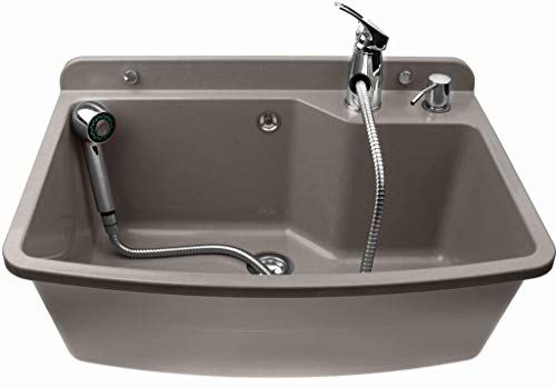 ADGO Fregadero de Cocina para el Hogar con Lavabo de Cámara Profunda con Batería, Grifo y Contenedor Dispensador de Jabón, para Jardín, Hogar, Garaje, Sótano, Baño y Taller, Fábrica, Industrial, Gris