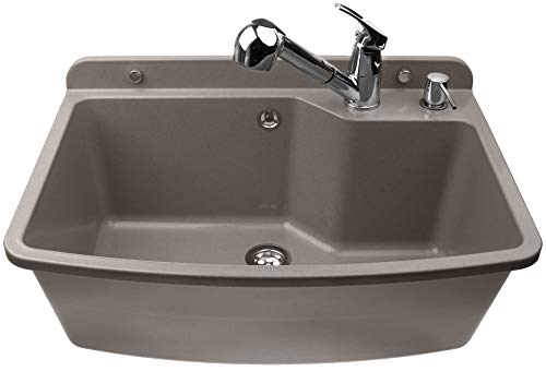 ADGO Fregadero de Cocina para el Hogar con Lavabo de Cámara Profunda con Batería, Grifo y Contenedor Dispensador de Jabón, para Jardín, Hogar, Garaje, Sótano, Baño y Taller, Fábrica, Industrial, Gris