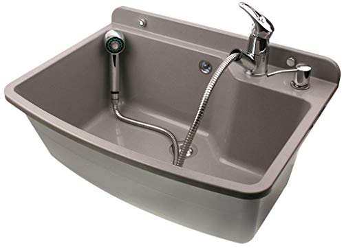 ADGO Fregadero de Cocina para el Hogar con Lavabo de Cámara Profunda con Batería, Grifo y Contenedor Dispensador de Jabón, para Jardín, Hogar, Garaje, Sótano, Baño y Taller, Fábrica, Industrial, Gris