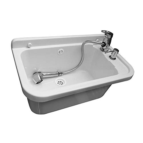 ADGO Fregadero de Cocina para el Hogar con Lavabo de Cámara Profunda con Batería, Grifo y Contenedor Dispensador de Jabón, para Jardín, Sótano de Garaje, Baños, Taller, Fábrica Industrial, 50cm Blanco