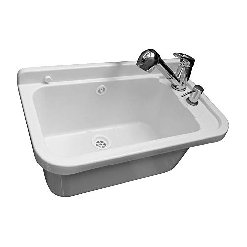 ADGO Fregadero de Cocina para el Hogar con Lavabo de Cámara Profunda con Batería, Grifo y Contenedor Dispensador de Jabón, para Jardín, Sótano de Garaje, Baños, Taller, Fábrica Industrial, 50cm Blanco