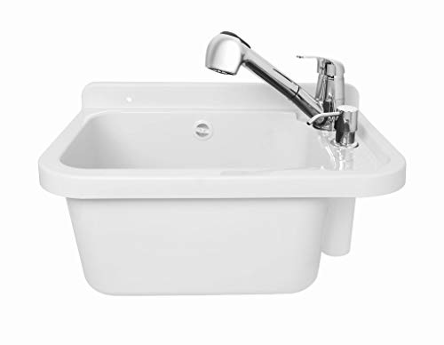 ADGO Fregadero de Cocina para el Hogar con Lavabo de Cámara Profunda con Batería, Grifo y Contenedor Dispensador de Jabón, para Jardín, Sótano de Garaje, Baños, Taller, Fábrica Industrial, 50cm Blanco