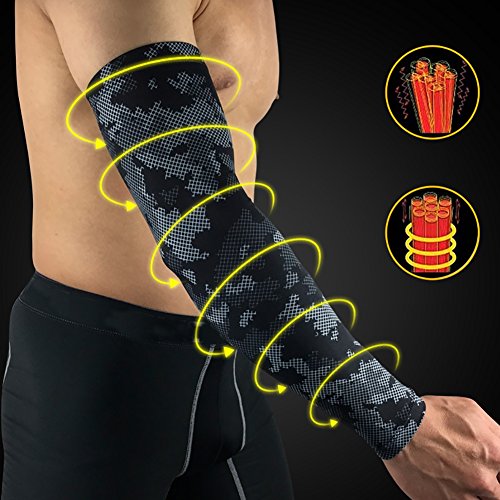 Aesy Sports Manguitos, 1 Pcs Codo Pads Manga Poliéster Spandex Respirable Anti Resbalón Quitasol Elástico Brazos Envolver Protector, para Ciclismo/Golf/Baloncesto (L, Camuflaje Negro)