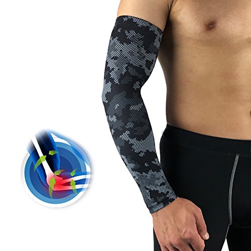 Aesy Sports Manguitos, 1 Pcs Codo Pads Manga Poliéster Spandex Respirable Anti Resbalón Quitasol Elástico Brazos Envolver Protector, para Ciclismo/Golf/Baloncesto (L, Camuflaje Negro)