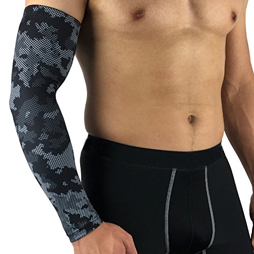 Aesy Sports Manguitos, 1 Pcs Codo Pads Manga Poliéster Spandex Respirable Anti Resbalón Quitasol Elástico Brazos Envolver Protector, para Ciclismo/Golf/Baloncesto (L, Camuflaje Negro)