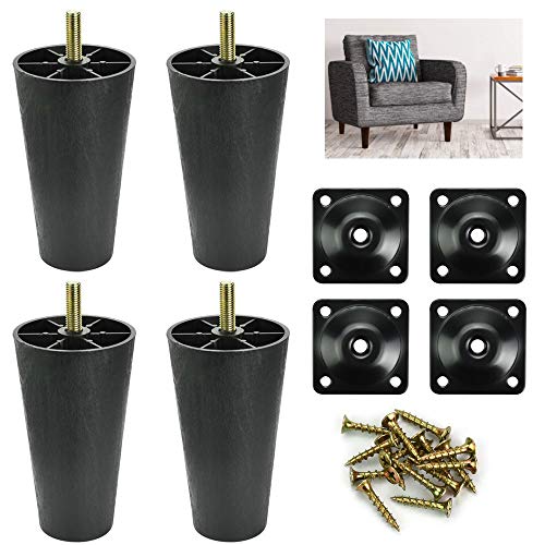 AFASOES 4 Pcs Patas Sofas Altas 12 cm Patas de Sofás Salón Plastico Patas Sofa Negras Patas para Sillones Altas Patas para Sofás Sillones Mesitas de Noche Mueble + 4 Placa Metalica + 16 Tornillos