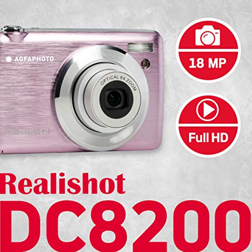 AGFA Foto Realishot DC8200 - Cámara de Fotos Digital compacta (18 MP, vídeo Full HD, Pantalla LCD de 2,7 Pulgadas, Zoom óptico 8X, batería de Litio y Tarjeta SD de 16 GB), Color Rosa